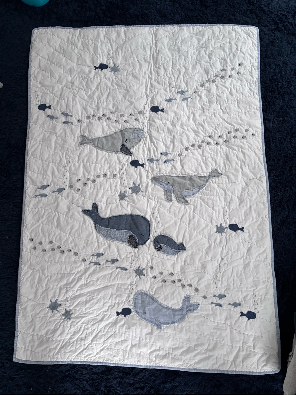 Pottery Barn Kids Whale Quilt Blanket - White, Gray, Navy